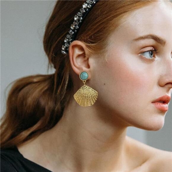 Gold Seashell Drop Earrings | Boho Turquoise Dangle Earrings | Lightweight Beach - Picture 3 of 5